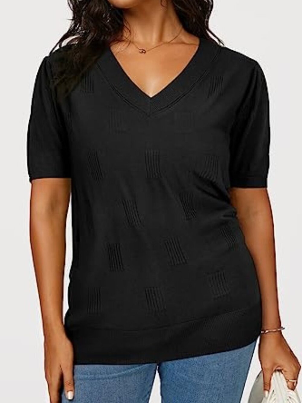 🆕 Women's V-Neck Short Sleeve Special Rib Knitted Pattern Casual Tops Sweater